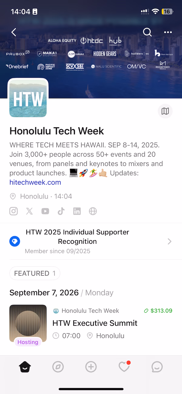 Hawaii Tech Week calendar on mobile with sponsor visibility