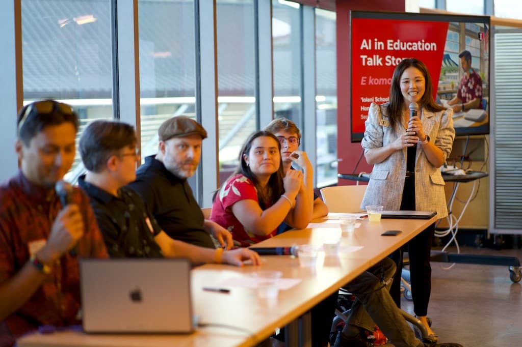 A speaker and panelists at AI in Education Talk Story at ‘Iolani School during Hawaii Tech Week