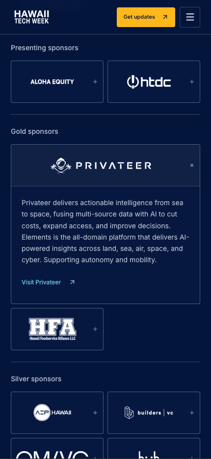 2026 Hawaii Tech Week website showing sponsor tiers and an expanded Privateer profile